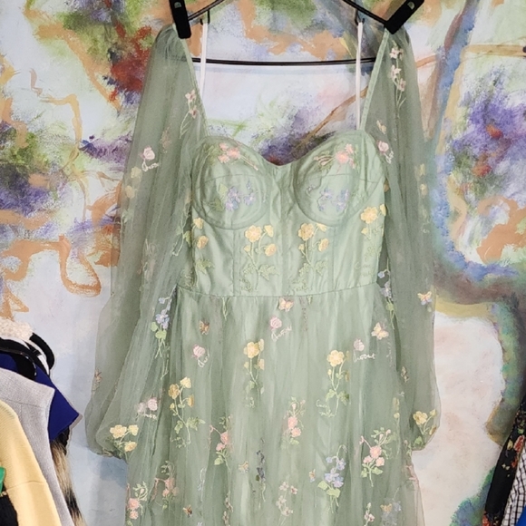 None Dresses & Skirts - Elegant Floral Fairy Princess Corset Lng Sleeve Maxi Dress in Green Pink Floral